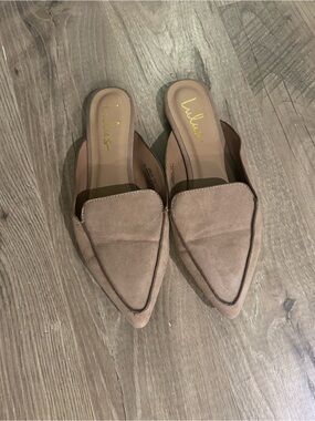 Lulu's Taupe Suede Pointed Toe Slide Mules